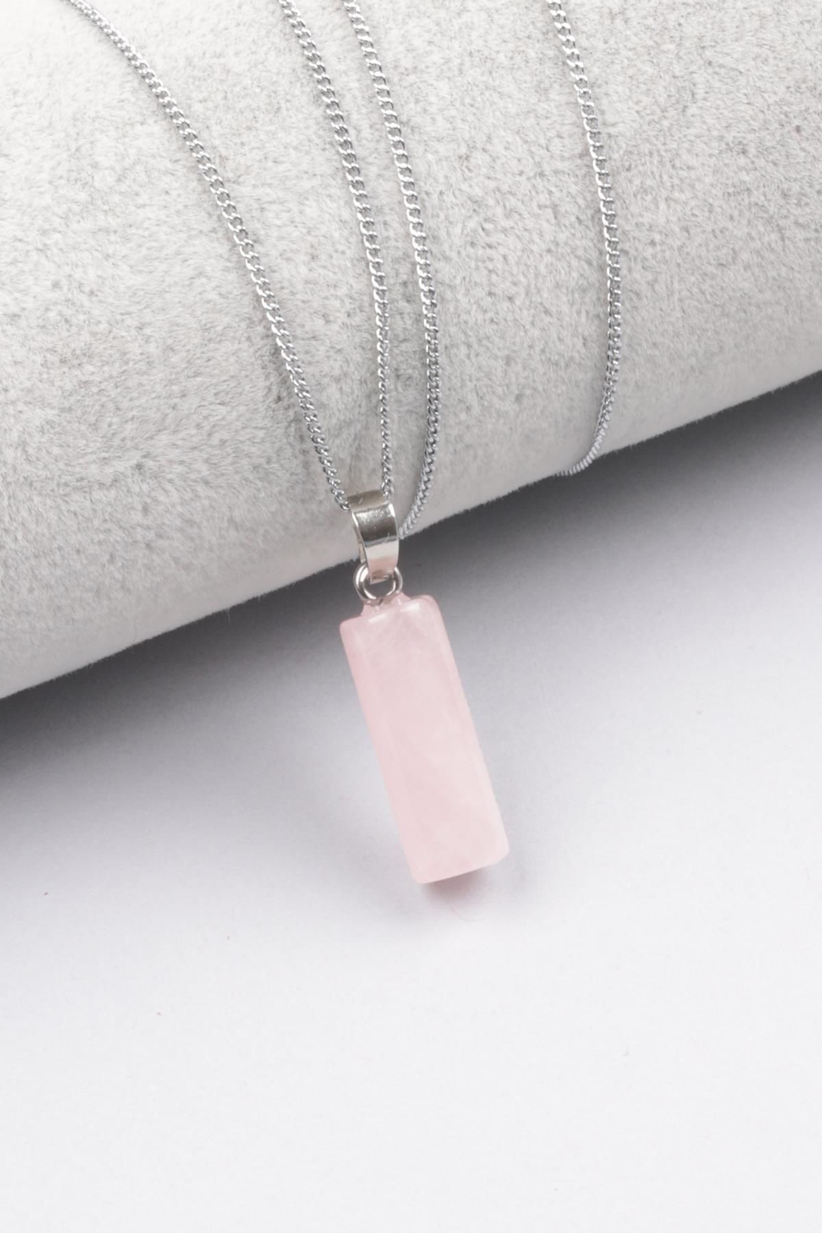 Pembe Kuvars Doğal Taş Kolye Ucu - Silindir