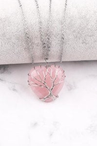 Metalli Kalp Pembe Kuvars Kolye Ucu