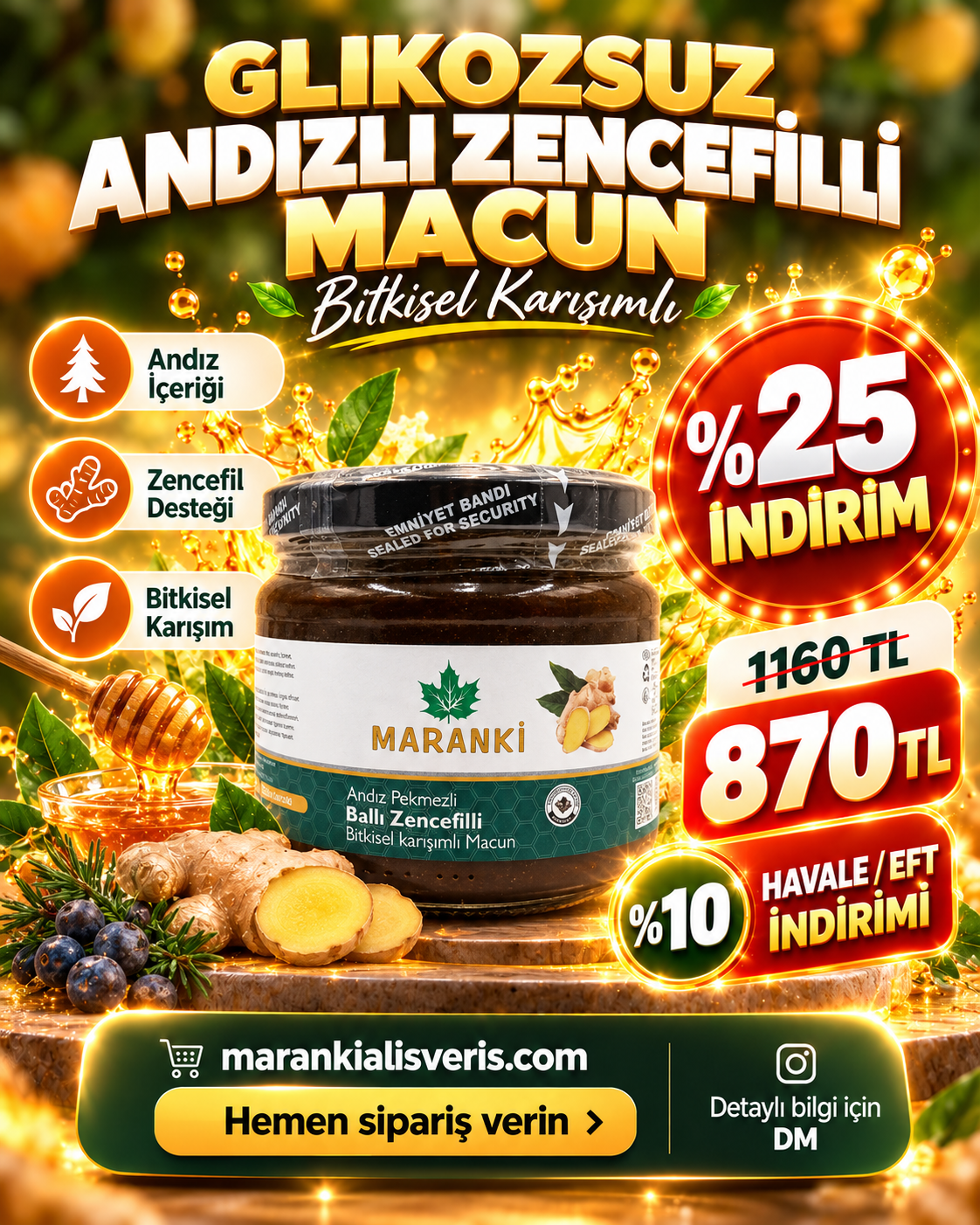 Maranki Glikozsuz Andızlı Zencefilli Bitkisel Karışımlı Macun