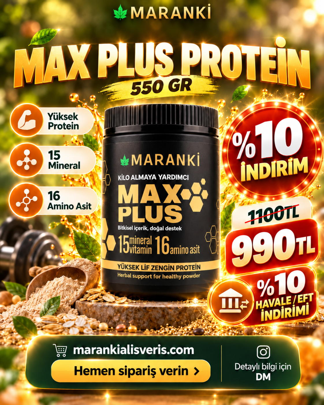 Maranki Max Plus Bitkisel İçerikli Toz Karışım (Yüksek Lif ve Protein) 550 Gr