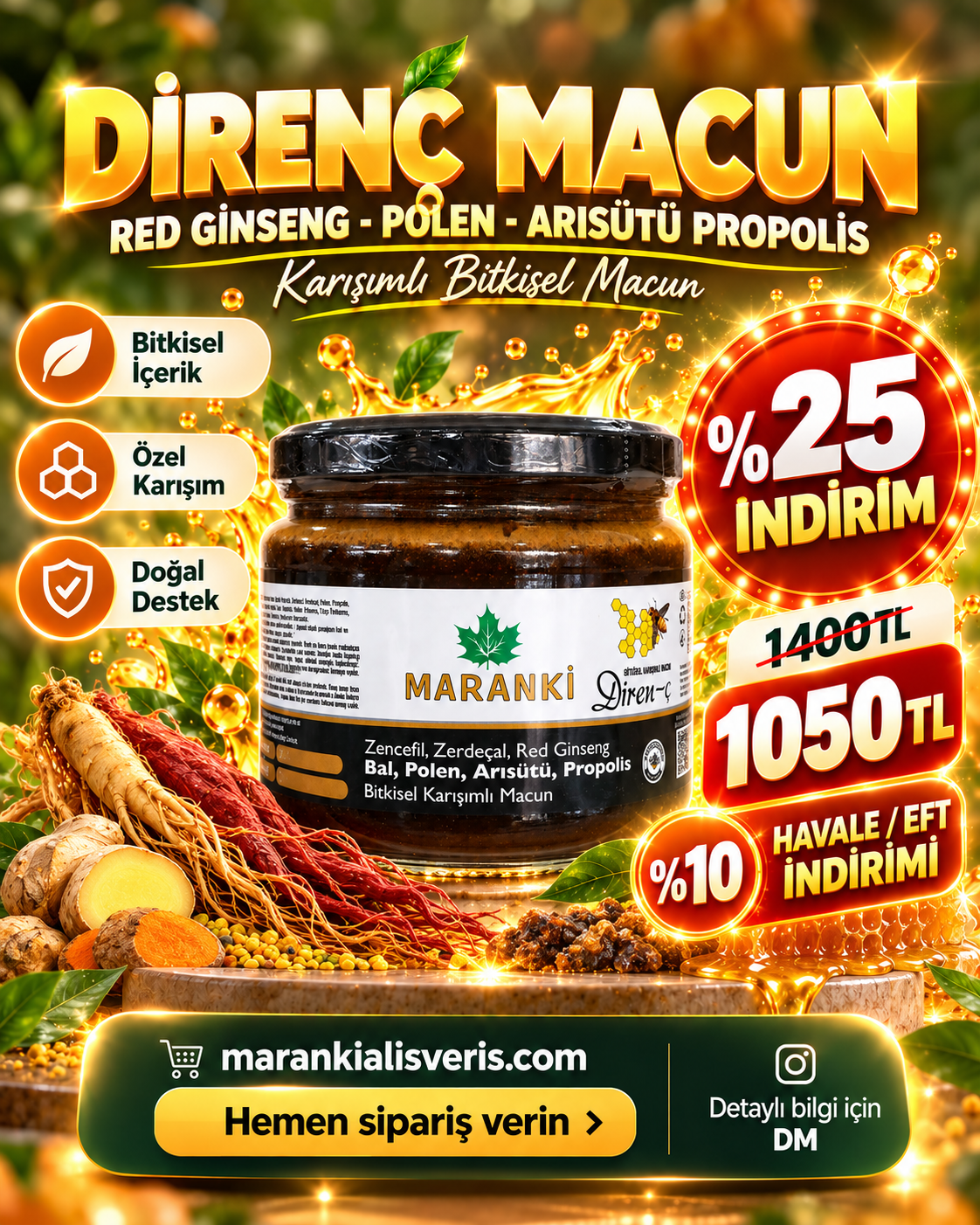 Maranki Direnç Macun - Red Ginseng - Polen - Arısütü Propolis Karışımlı
